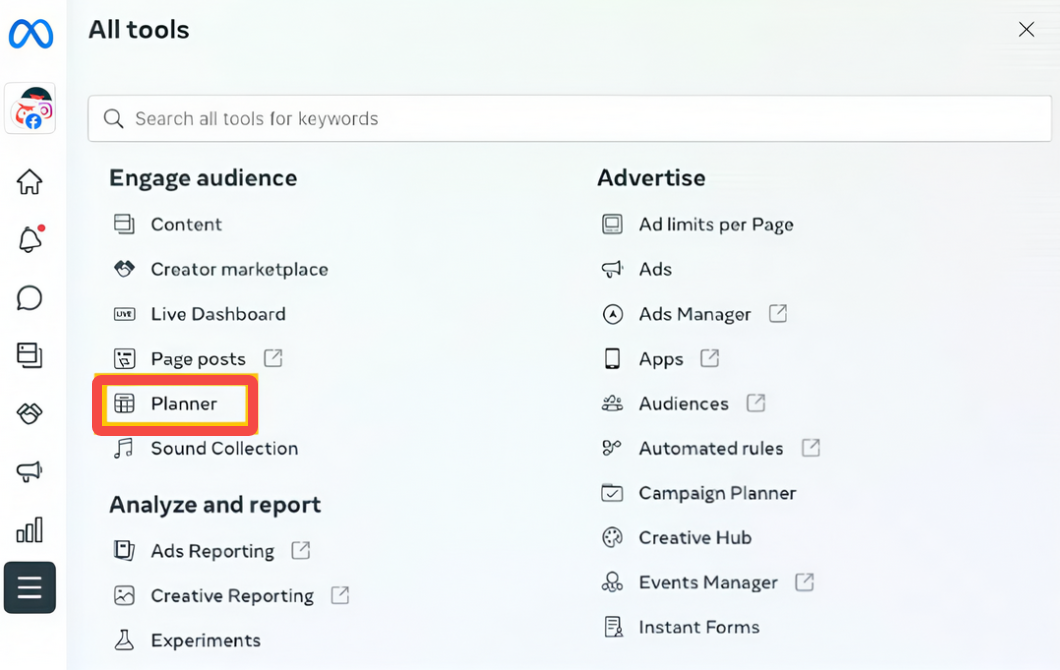 Open the Meta Business Suite Planner