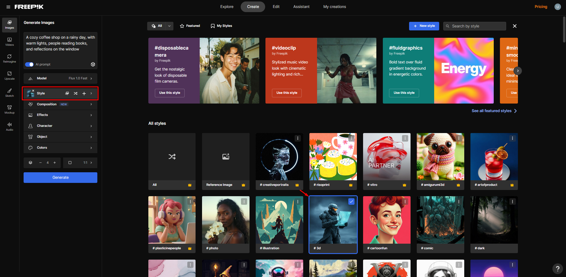 Choosing an image style in Freepik
