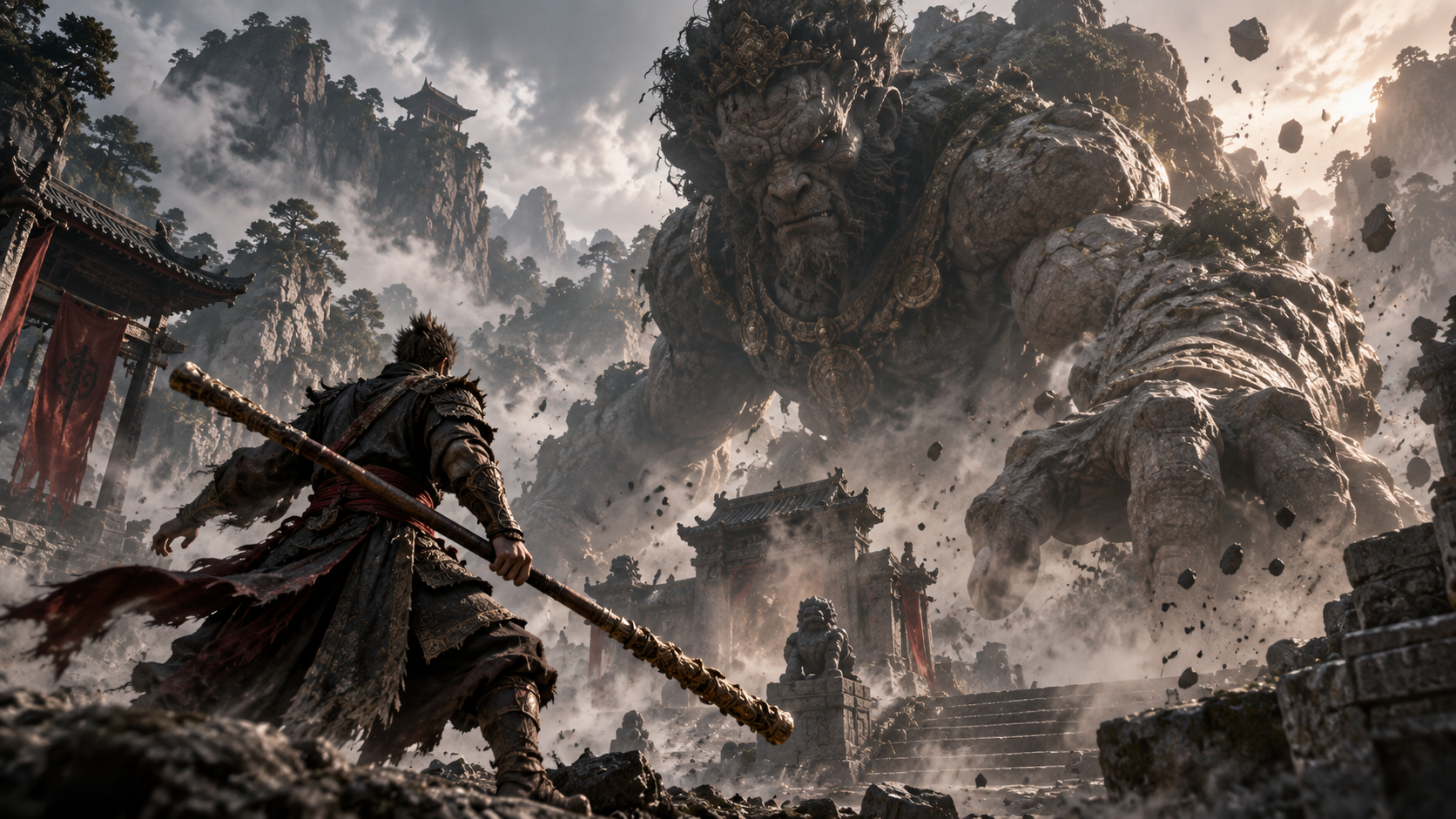 Warrior facing stone beast concept art