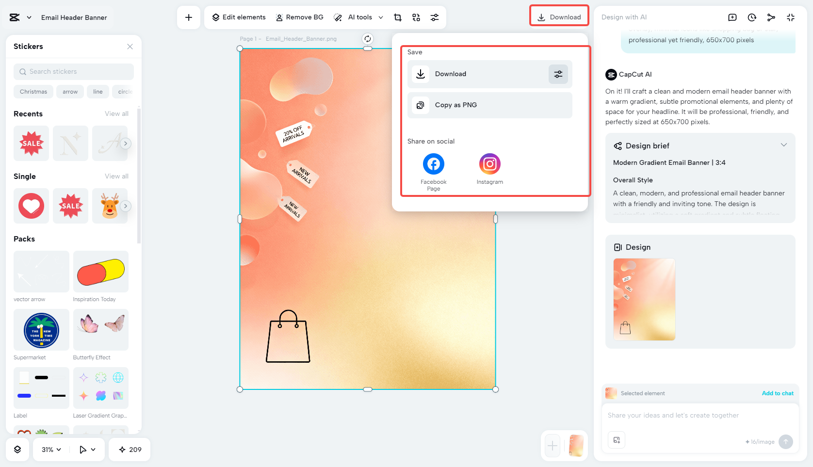 Exporting the email header in CapCut