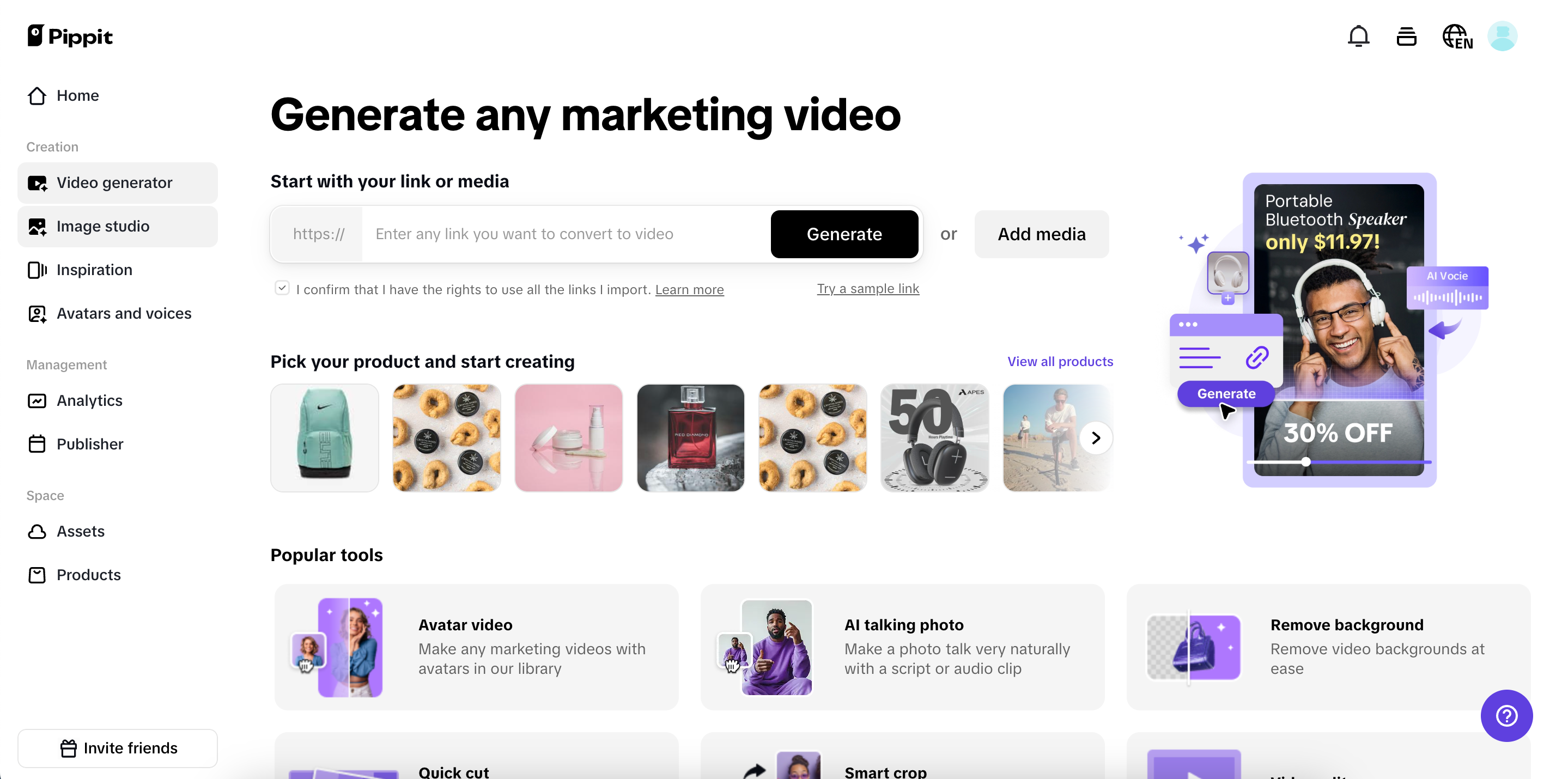 Gerador de vídeos do Pippit