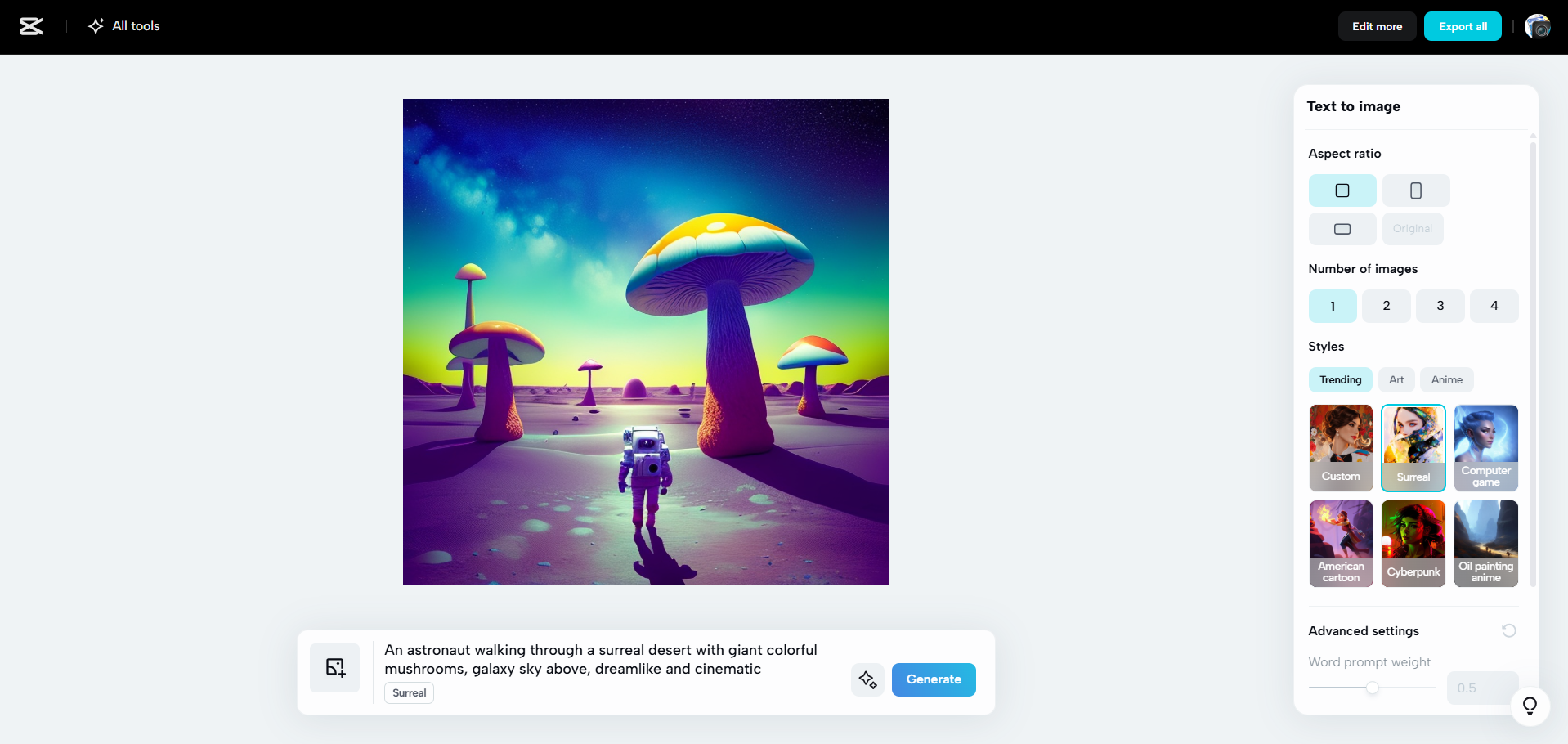 Interface de CapCut Web - un outil efficace pour la génération d'images