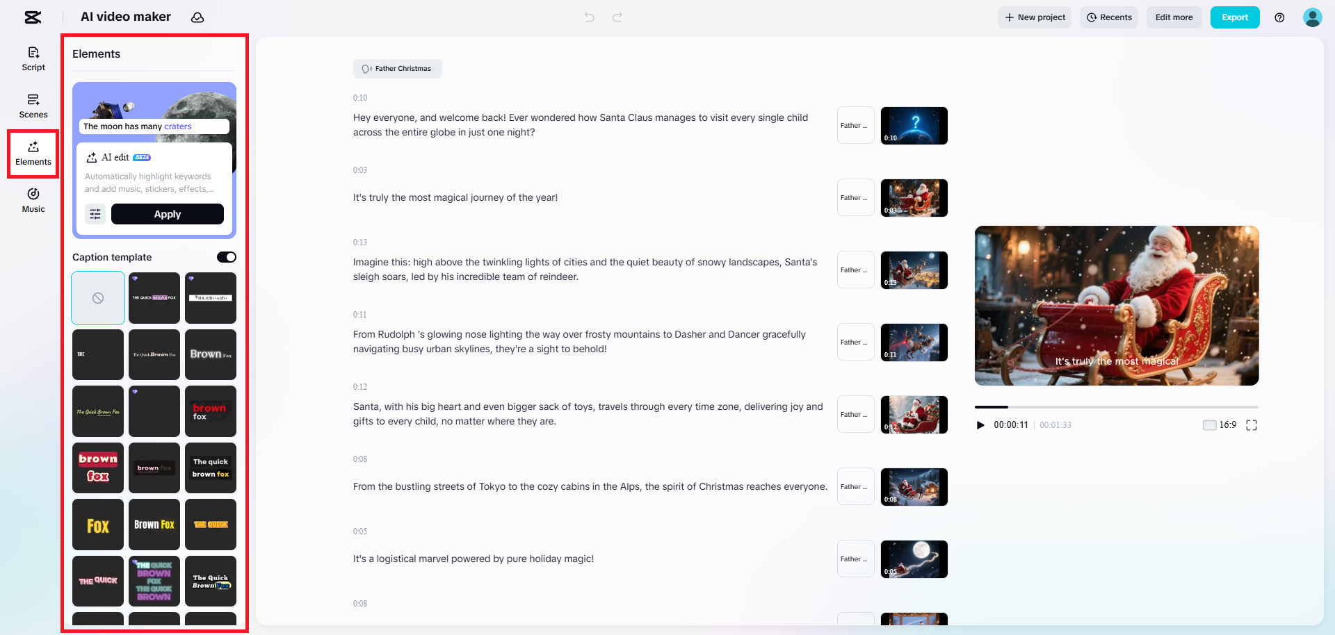영상에 포함하고자 하는 요소를 선택하세요