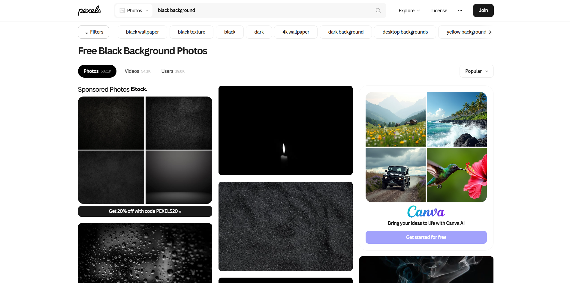 Interface of Pexels - a resource for Facebook black profile image