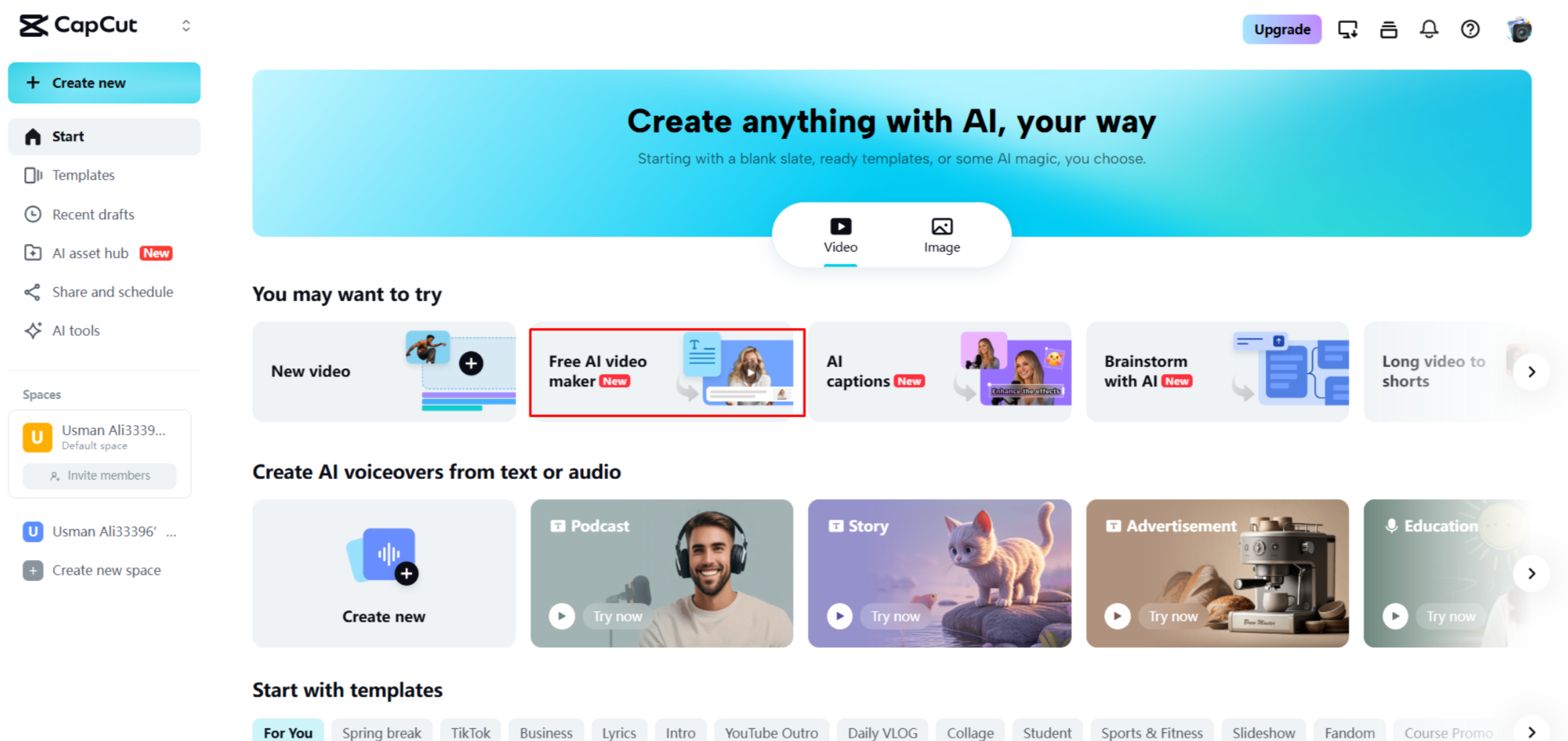 Opening CapCut Web's AI video maker 