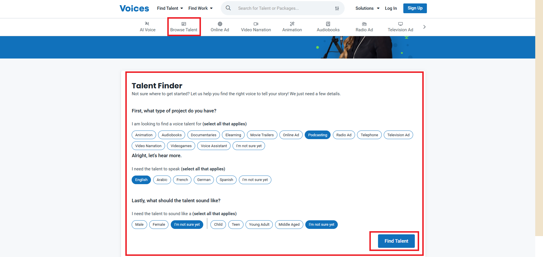 Browse talent and use the talent finder tool