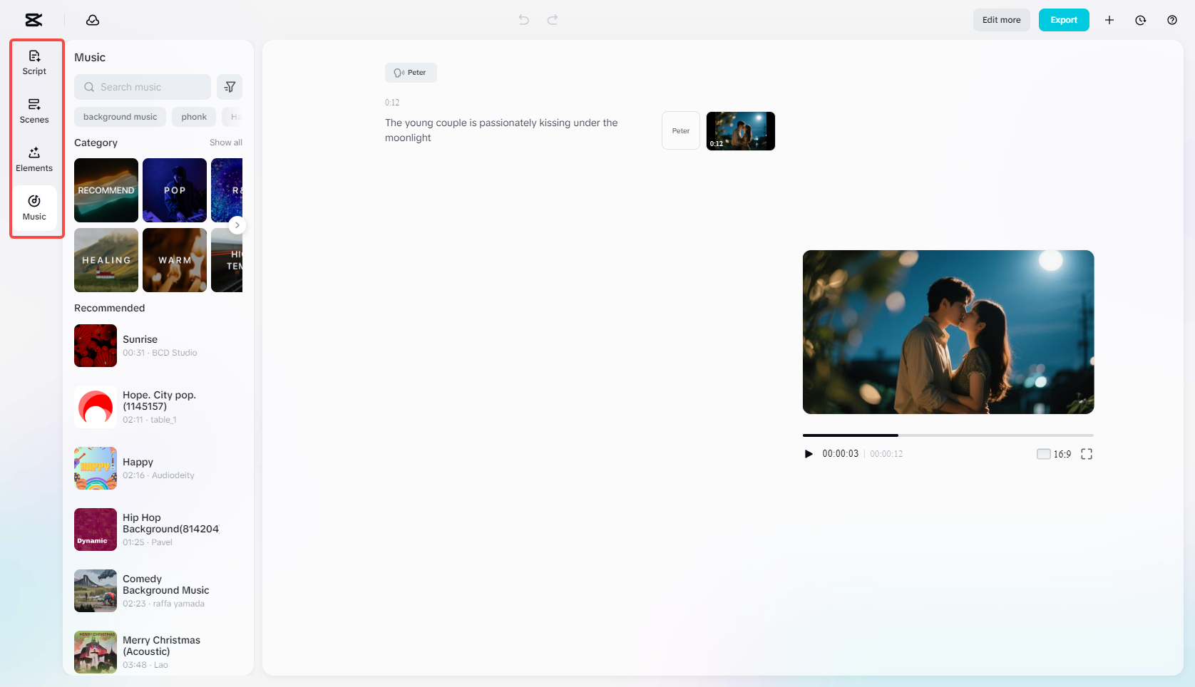 Editing the kissing video in CapCut