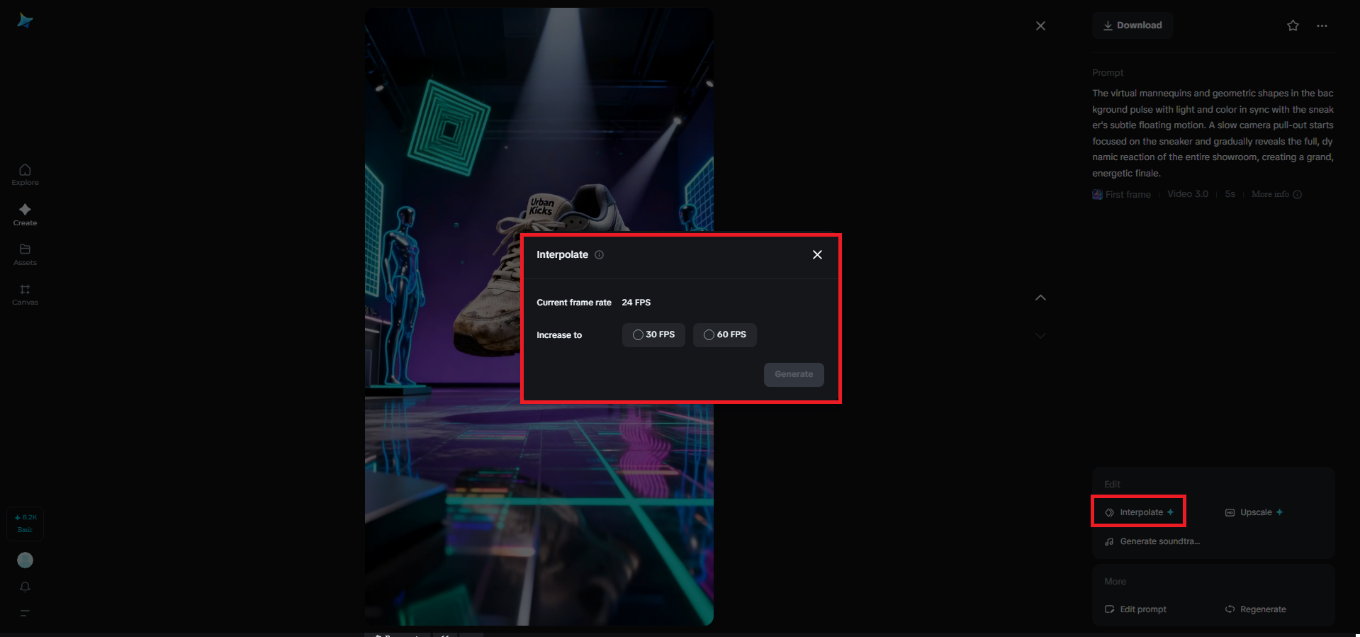 Interpolate feature in Dreamina