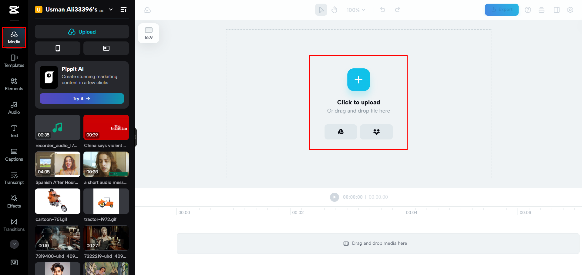 Uploading a video to CapCut Web