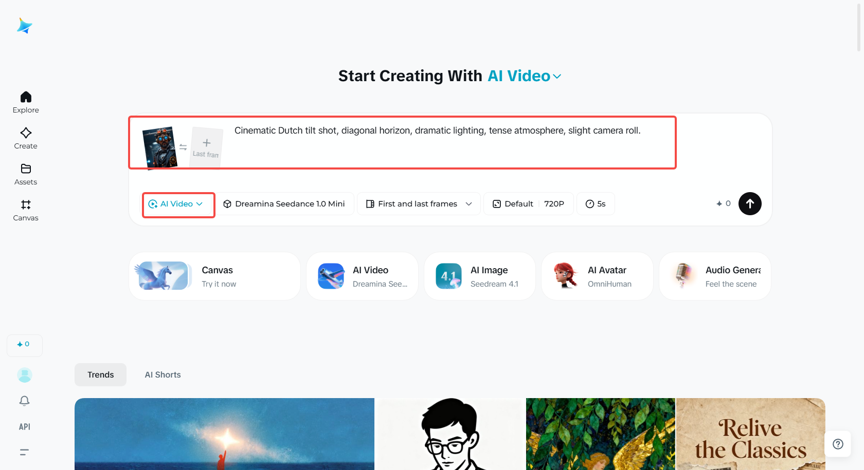 Eingabeaufforderung eingeben oder Bilder zu dreamina hinzufügen