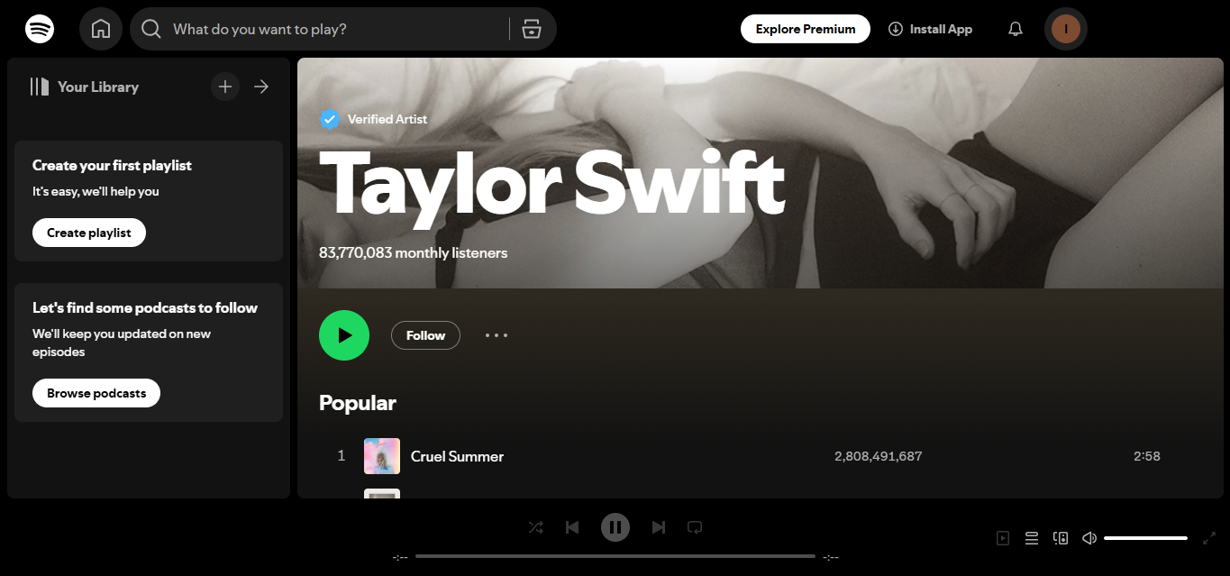 Taylor Swift - 전 세계적으로 Spotify에서 가장 많이 팔로우하는 아티스트