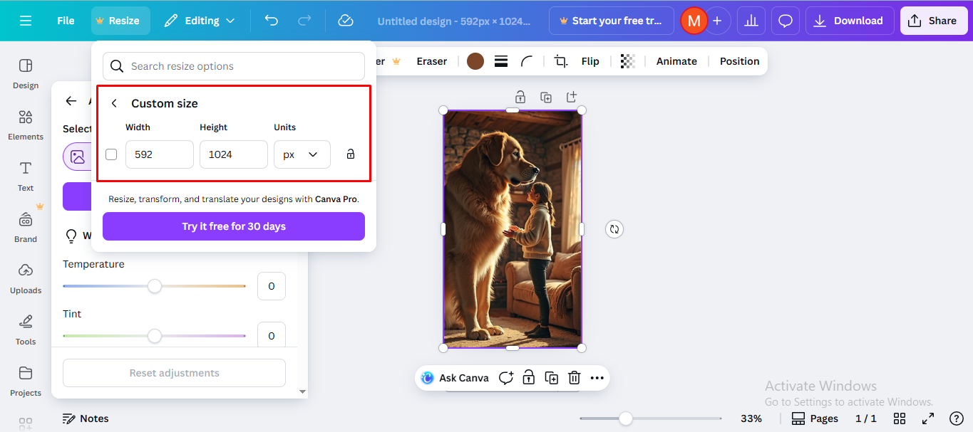 Setting custom dimensions in Canva