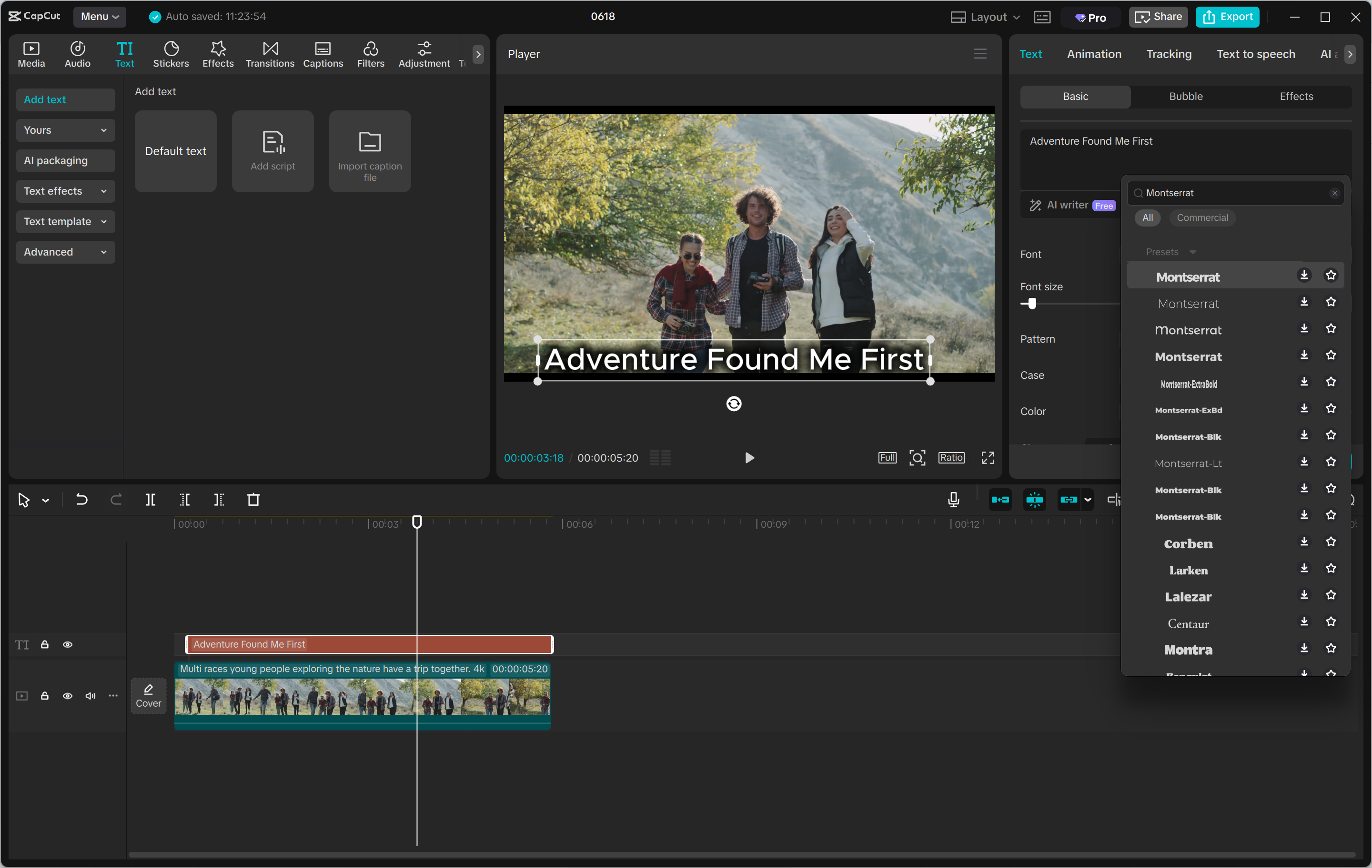 Інтерфейс редагування настільного відеоредактора CapCut - найкраща платформа для отримання безкоштовних шрифтів Montserrat