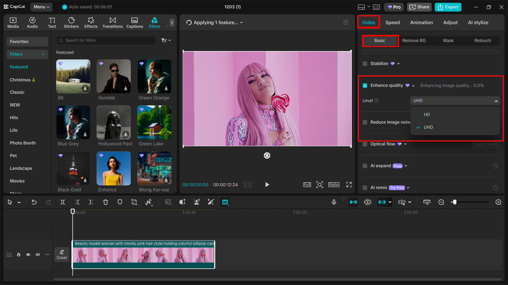 Upscaling video using AI in the CapCut desktop video editor