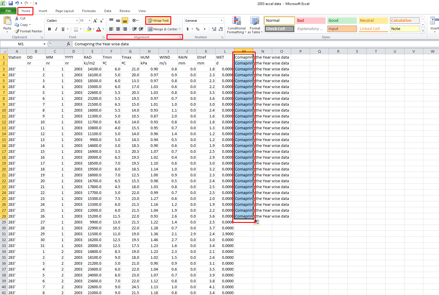 Wrap text in Excel using the ribbon menu
