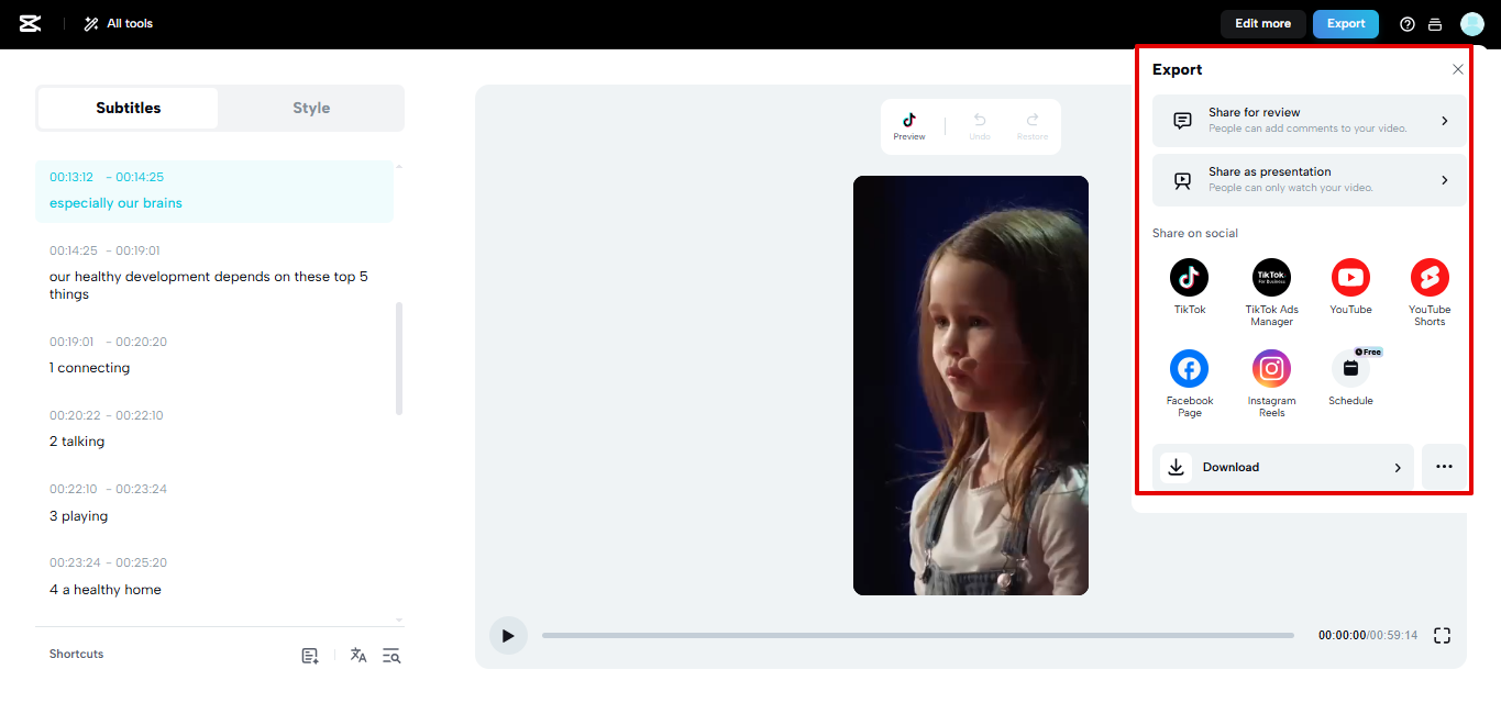 Export von Videos mit Untertiteln aus CapCut Web