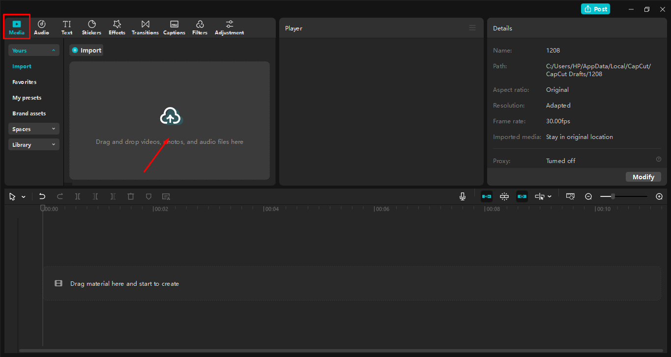 Uploading video to the CapCut desktop video editor