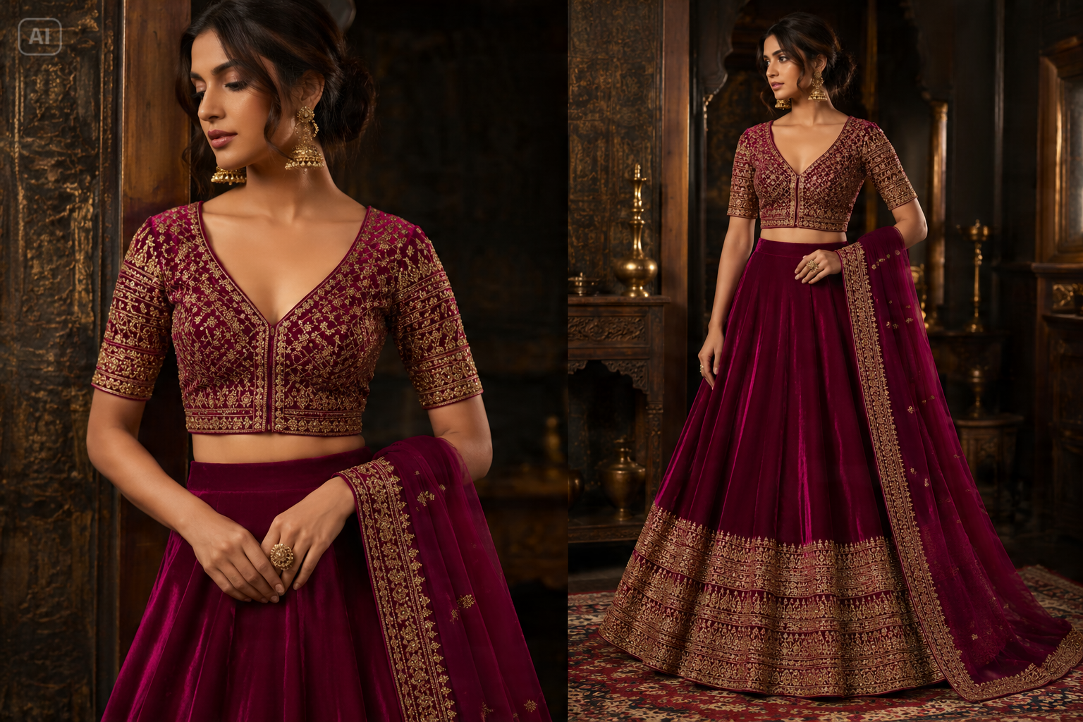 Tiefer Magenta-Samt Zari Lehenga