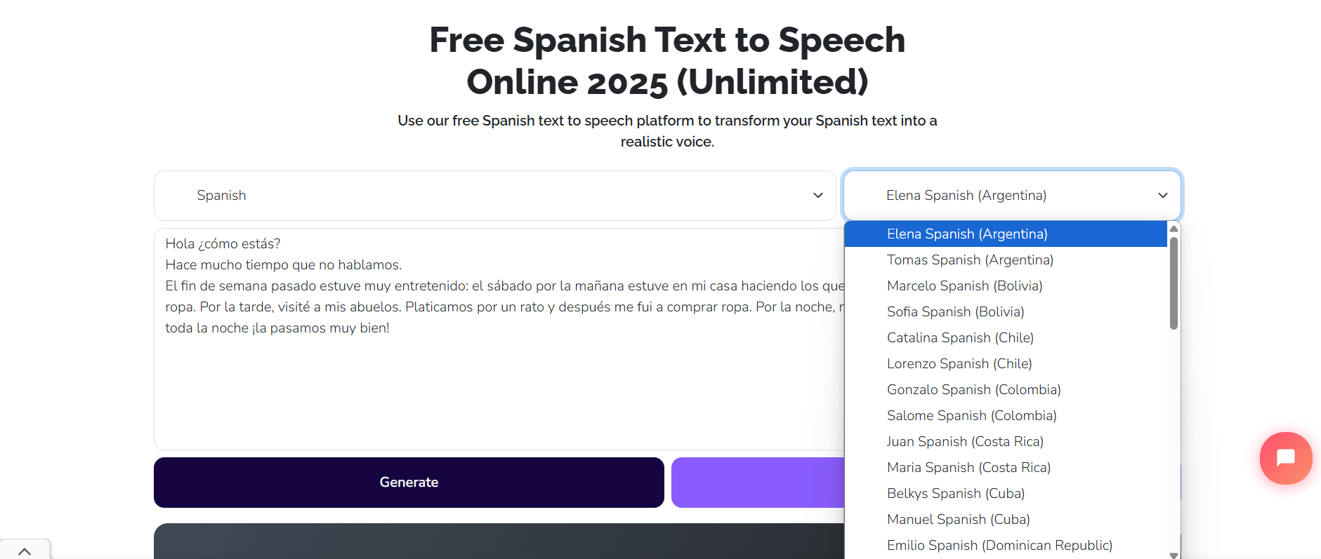 Crikk 스페인어 AI 음성 생성기 인터페이스