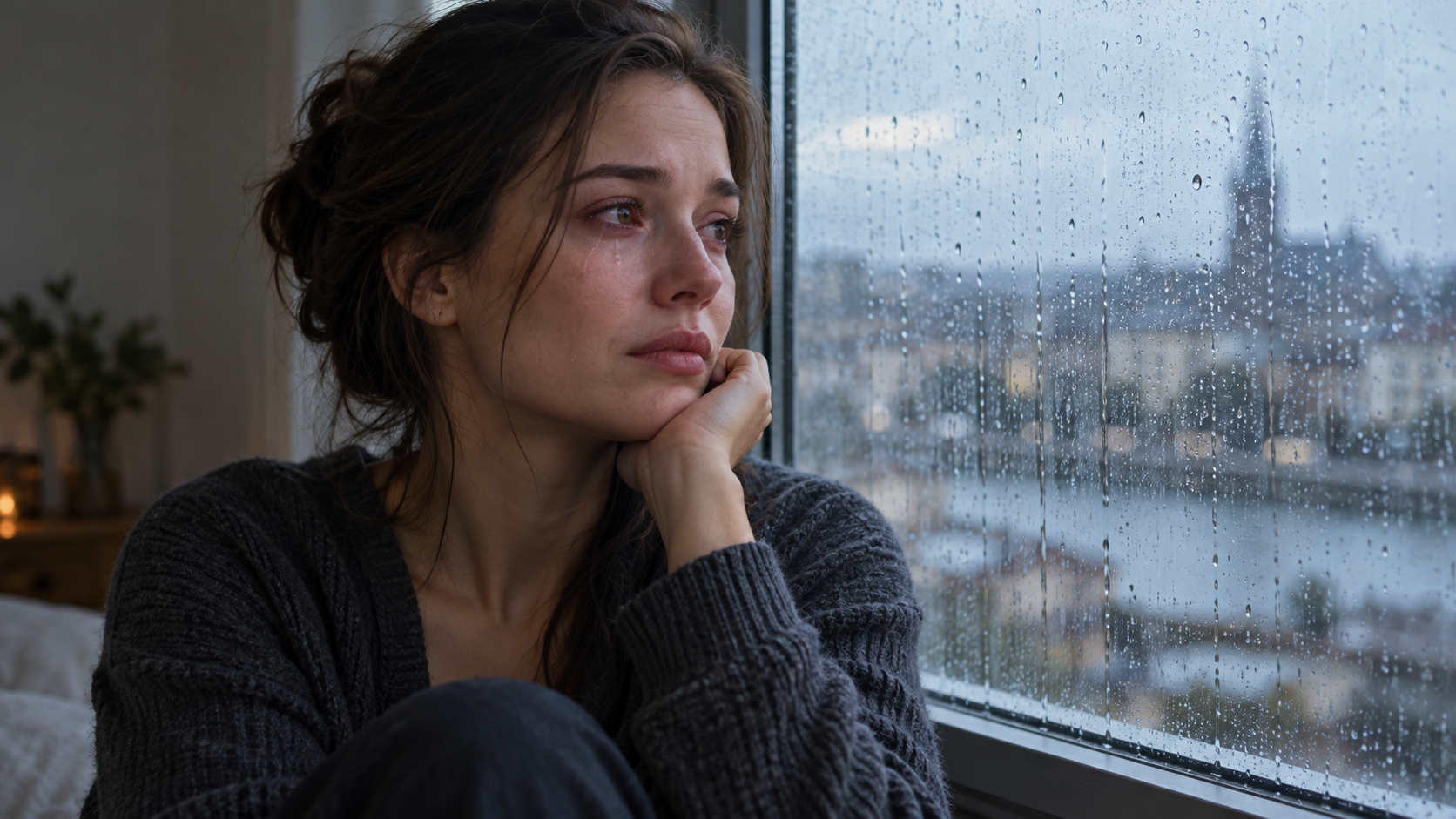 Rain-Window Reflection example for capcut crying ai video prompt