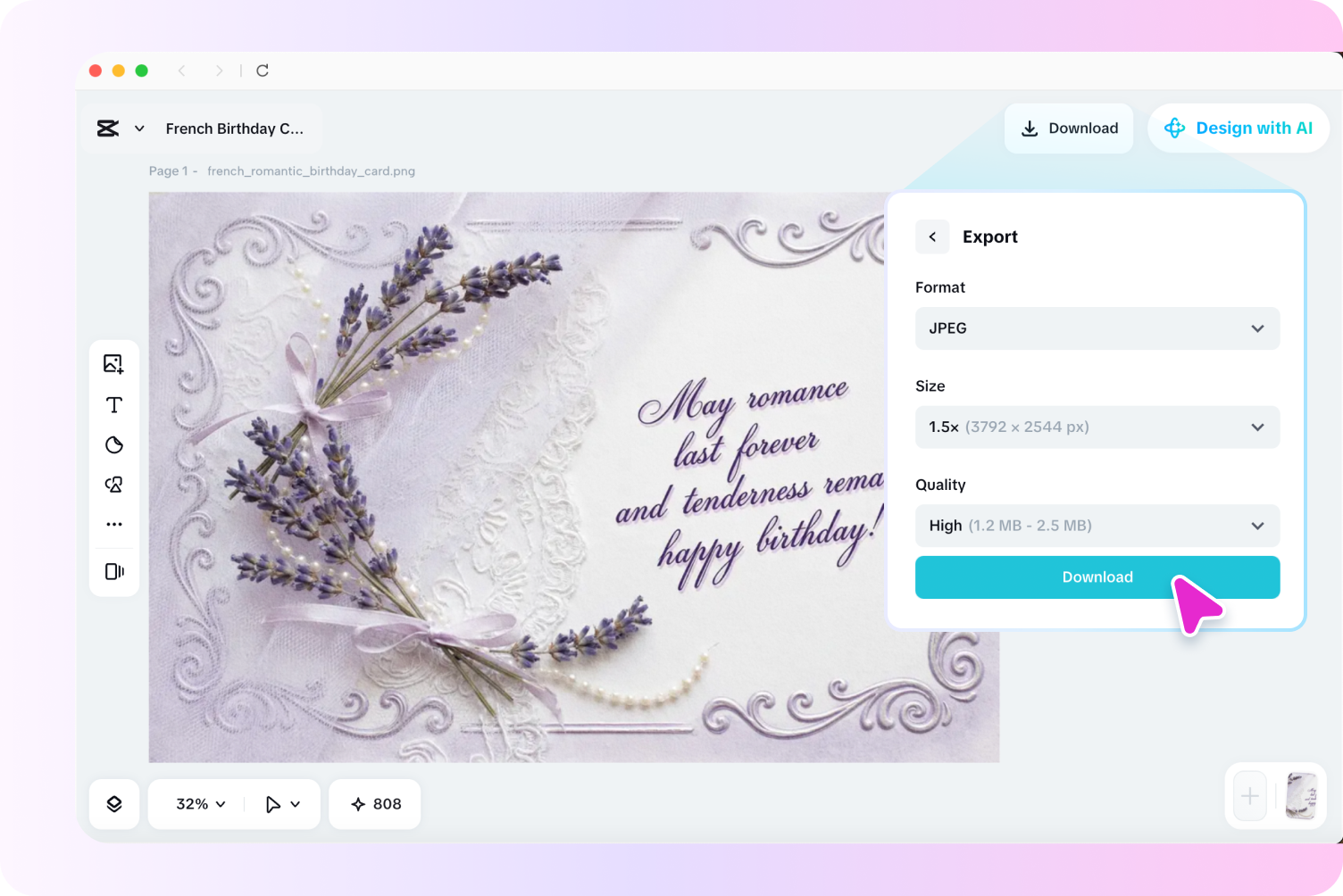 Editing and exporting a card using the CapCut card generator