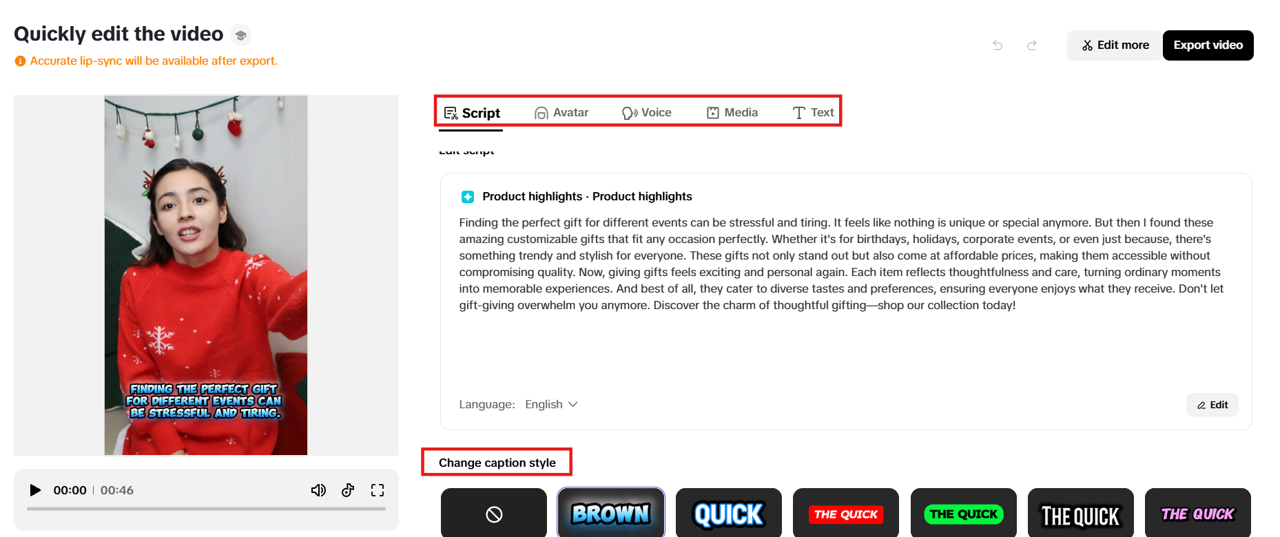 Baguhin ang script, avatar, boses, media at teksto.