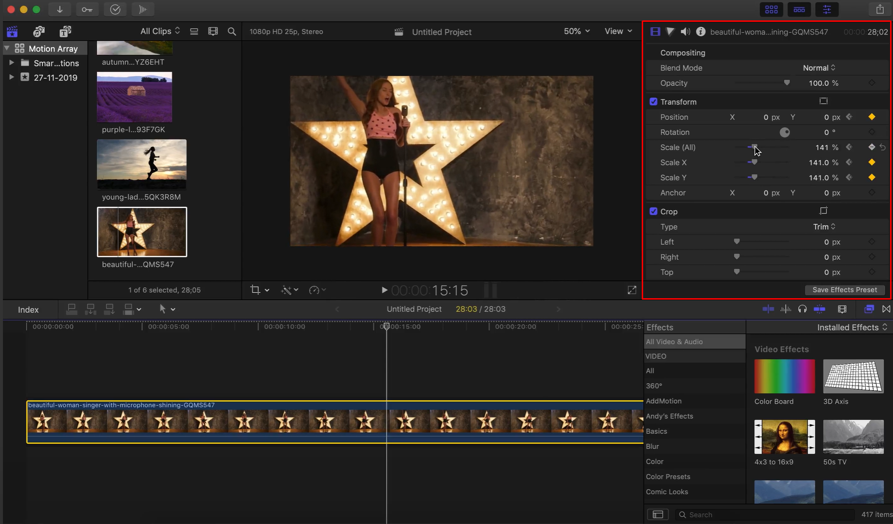 Setting the end point of the zoom in transition in Final Cut Pro