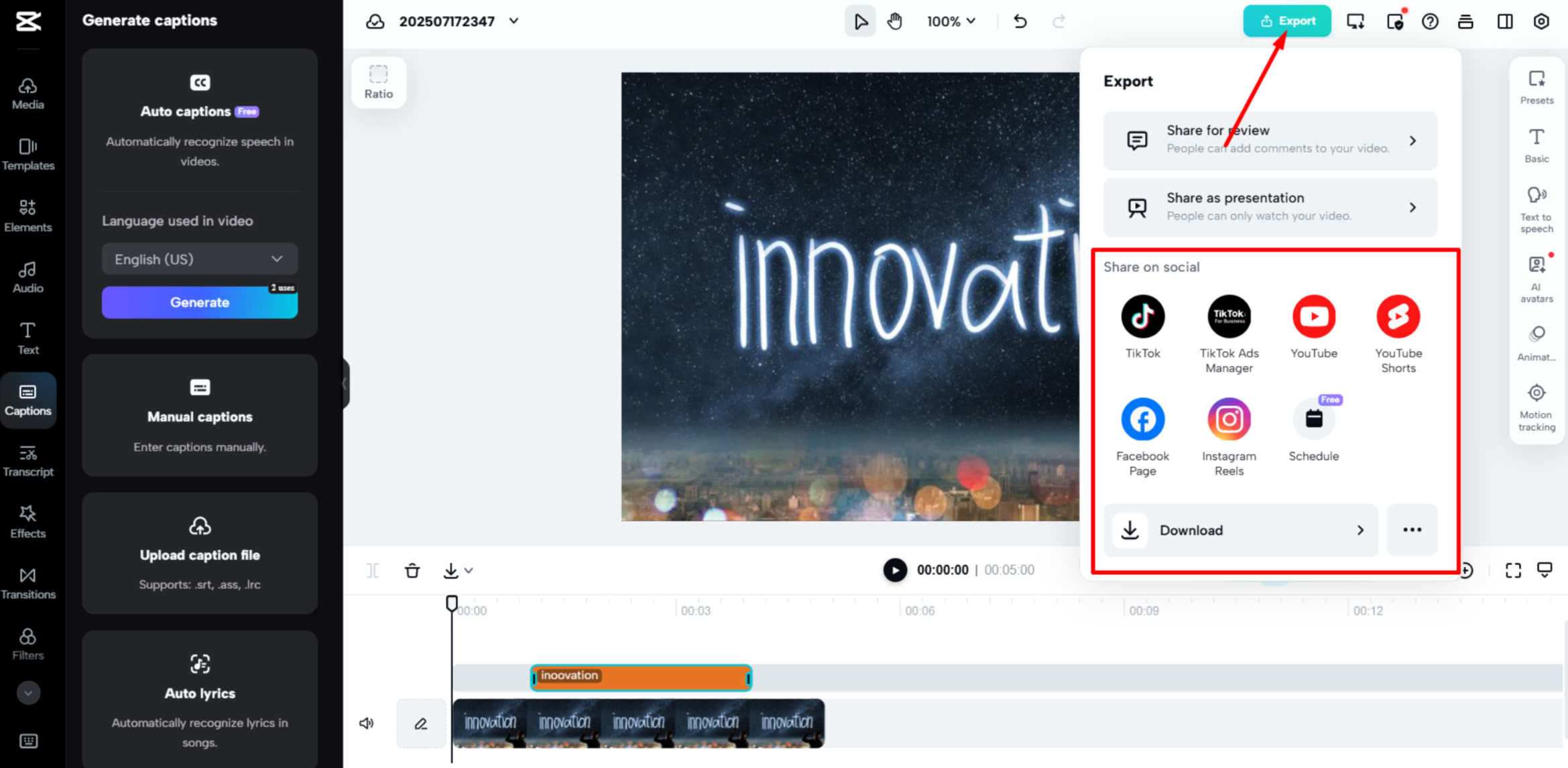 Exporting the final video from CapCut Web