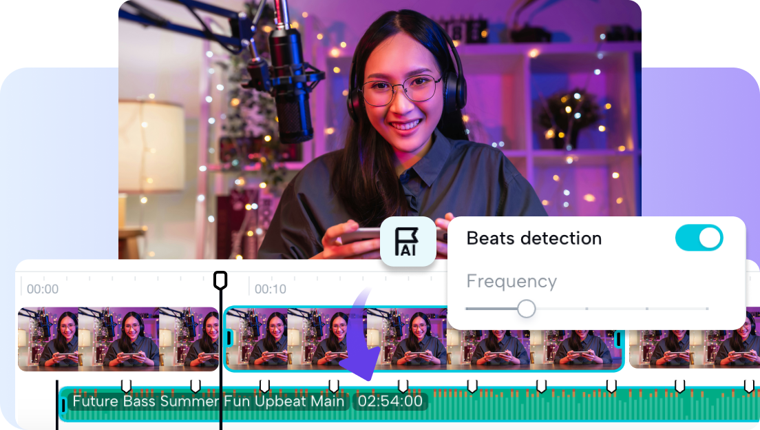 Pippit's multi-track editor interface, showing a voiceover track, a background music track, and audio enhancement options in a sidebar.