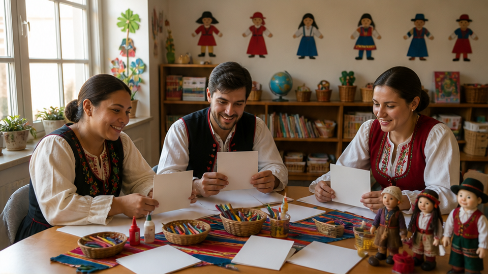 Preschool Folklore Day prompt example 1 - Child-Safe Classroom Craft Table With Teacher Guidance