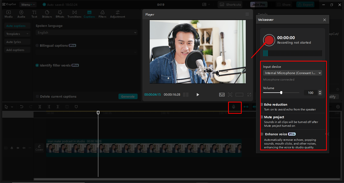 Recording voiceovers to video clips in the CapCut desktop video editor
