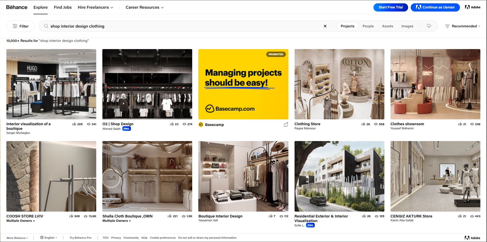 Interface of Behance - a tool to design interior for a clothing shop