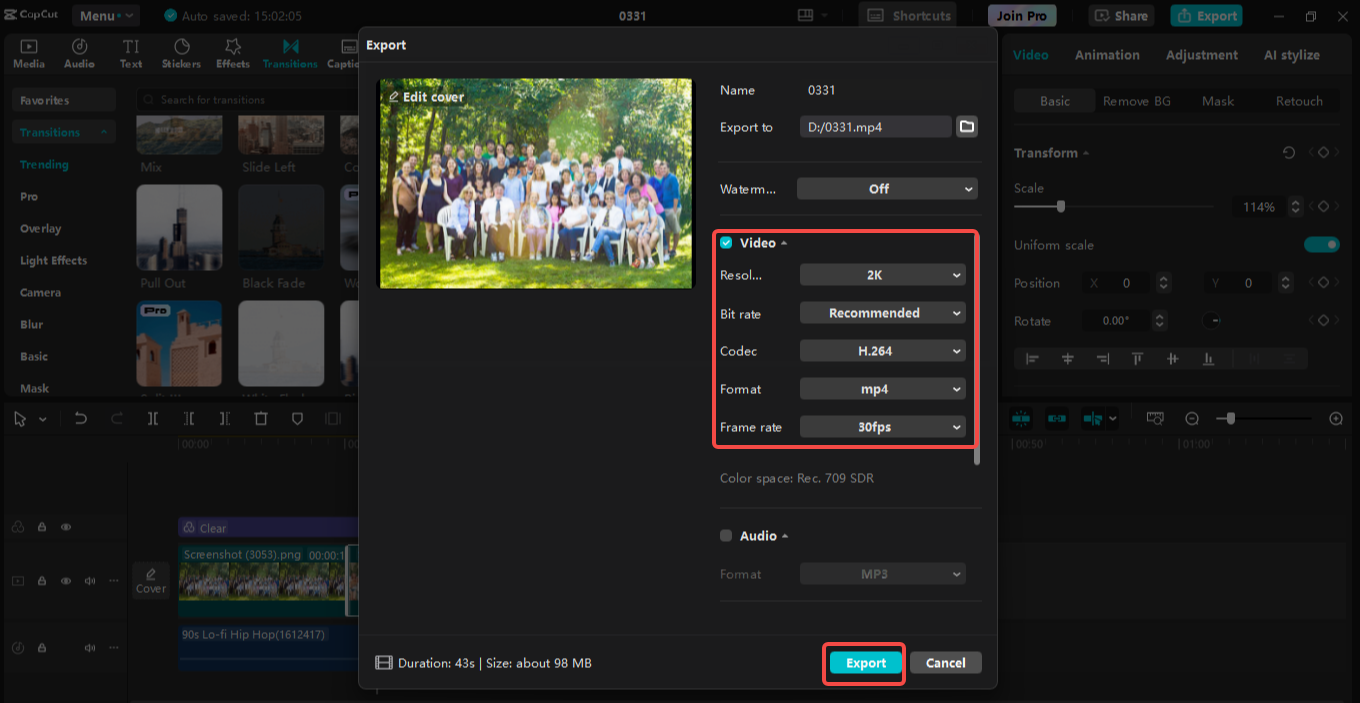 Exporting the slideshow in CapCut