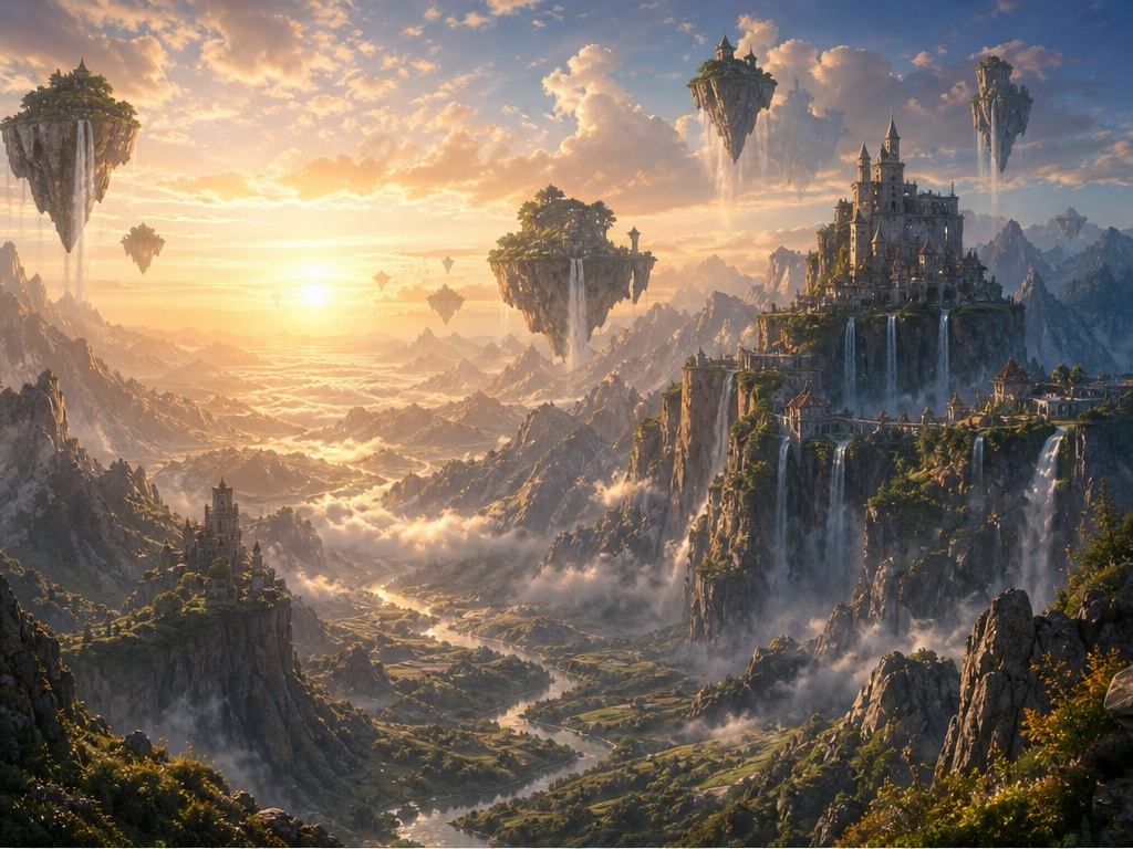 Gerador de IA imagem mórfica Exemplo alternativo de prompt 3 - Vale de fantasia de ilha flutuante