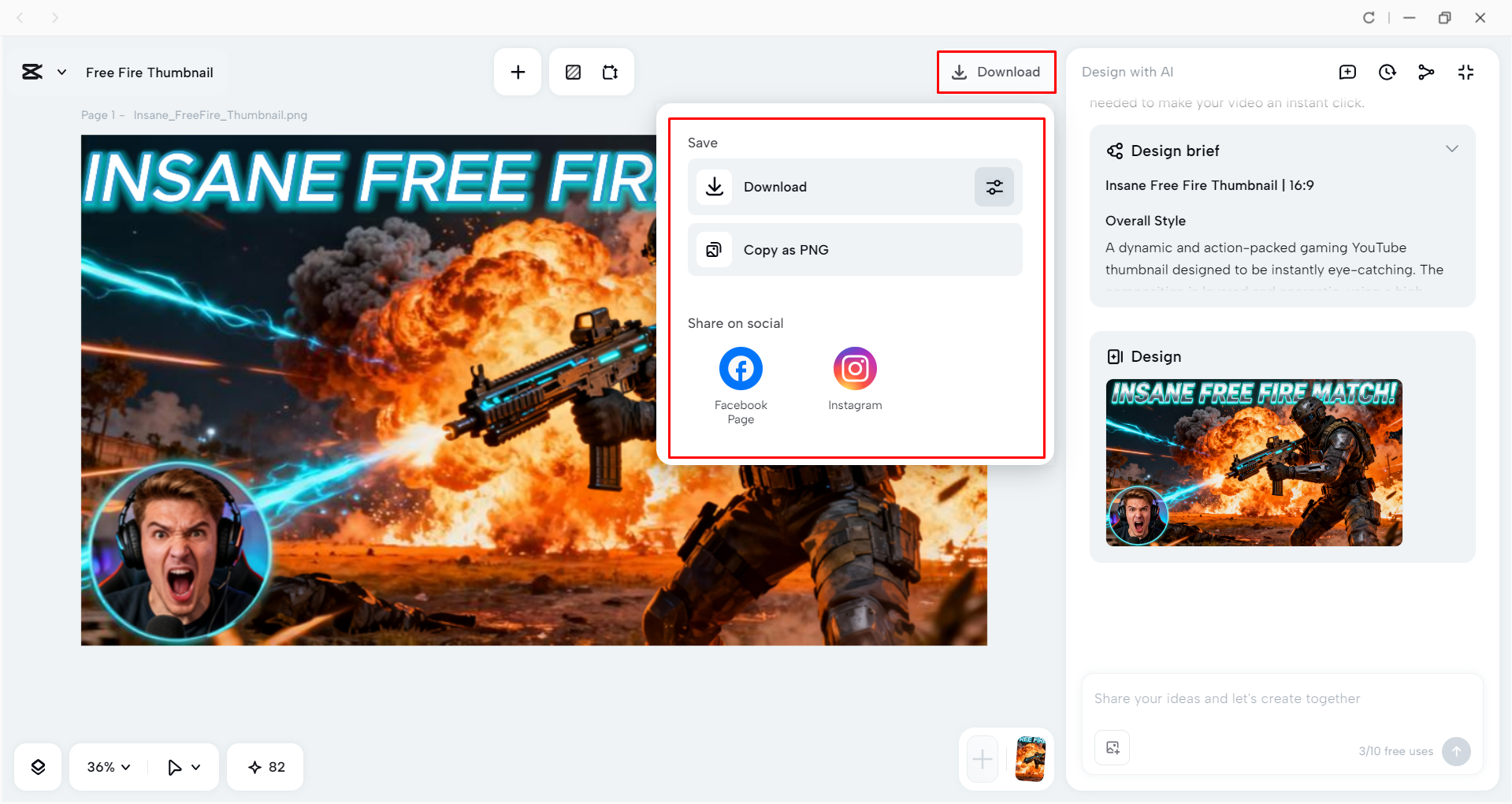 Downloading the gaming thumbnail from CapCut