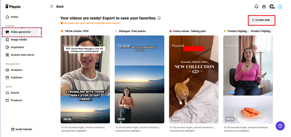 Selecione seu vídeo gerado preferido