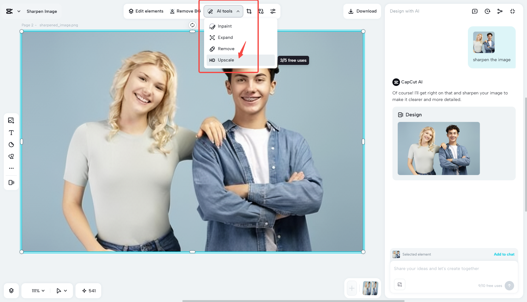Apply CapCut's AI upscale tool to sharpen photos