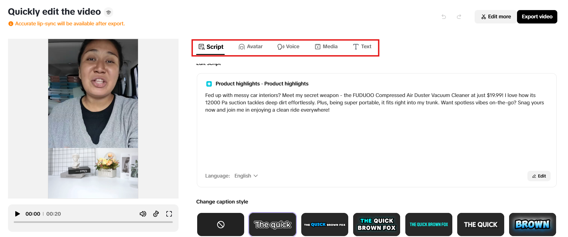 Modify script, avatar, voice, media and text