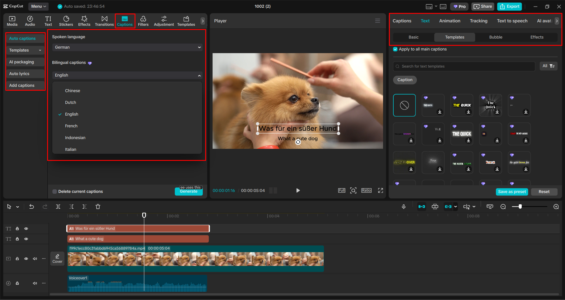 Translating captions in a video with the CapCut desktop video editor