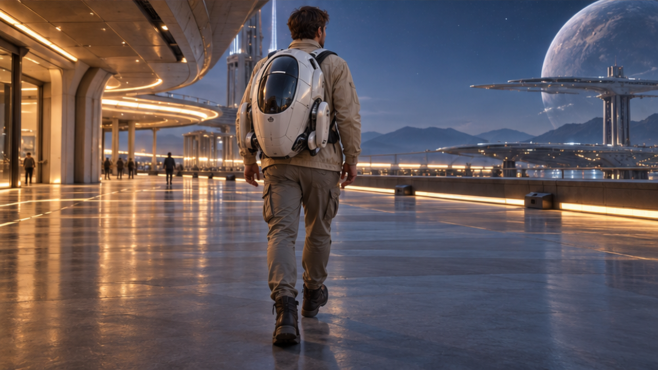 Premium photorealistic 16:9 final keyframe, original adult traveler sand-colored utility jacket and gray trousers in three-quarter rear view showing their profile, wearing pearl-white compact mechanical backpack with dark mechanical details, full head and body inside frame in quiet minimalist spaceport concourse, cool blue twilight and warm architectural lights, calm luxury science-fiction travel styling, no separate vehicle, text logos watermark.