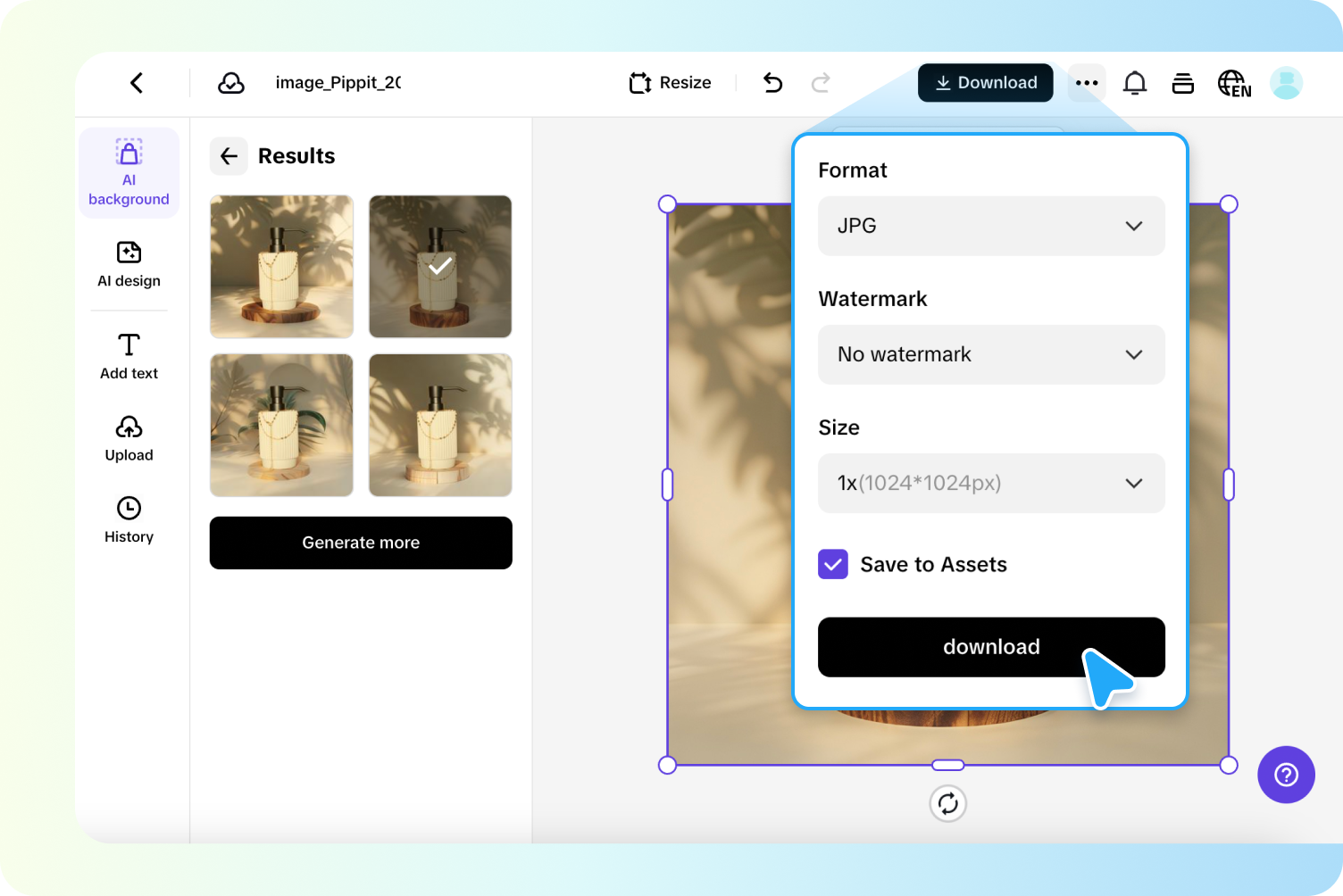 Exporting image from Pippit
