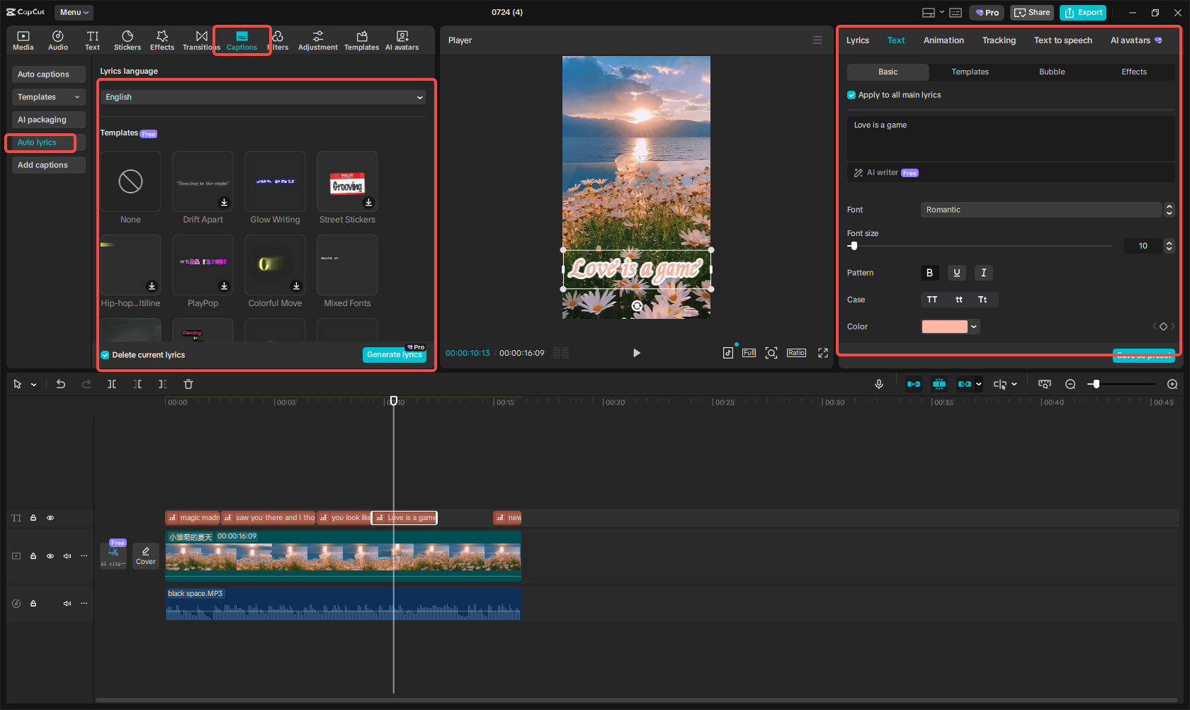 Generate and add lyrics to the reel