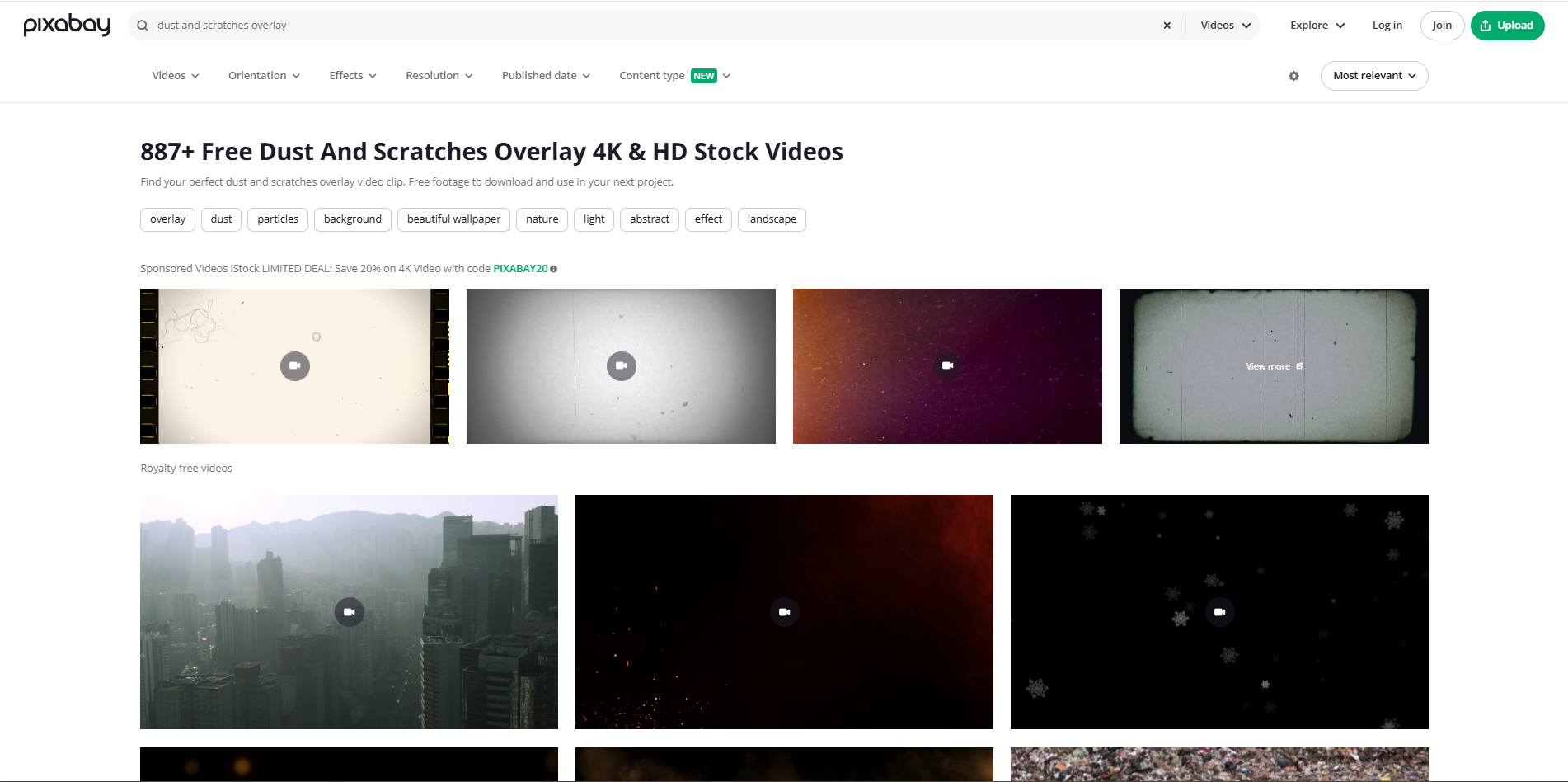 Interface of Pixabay - the perfect online site for dust scratches overlay