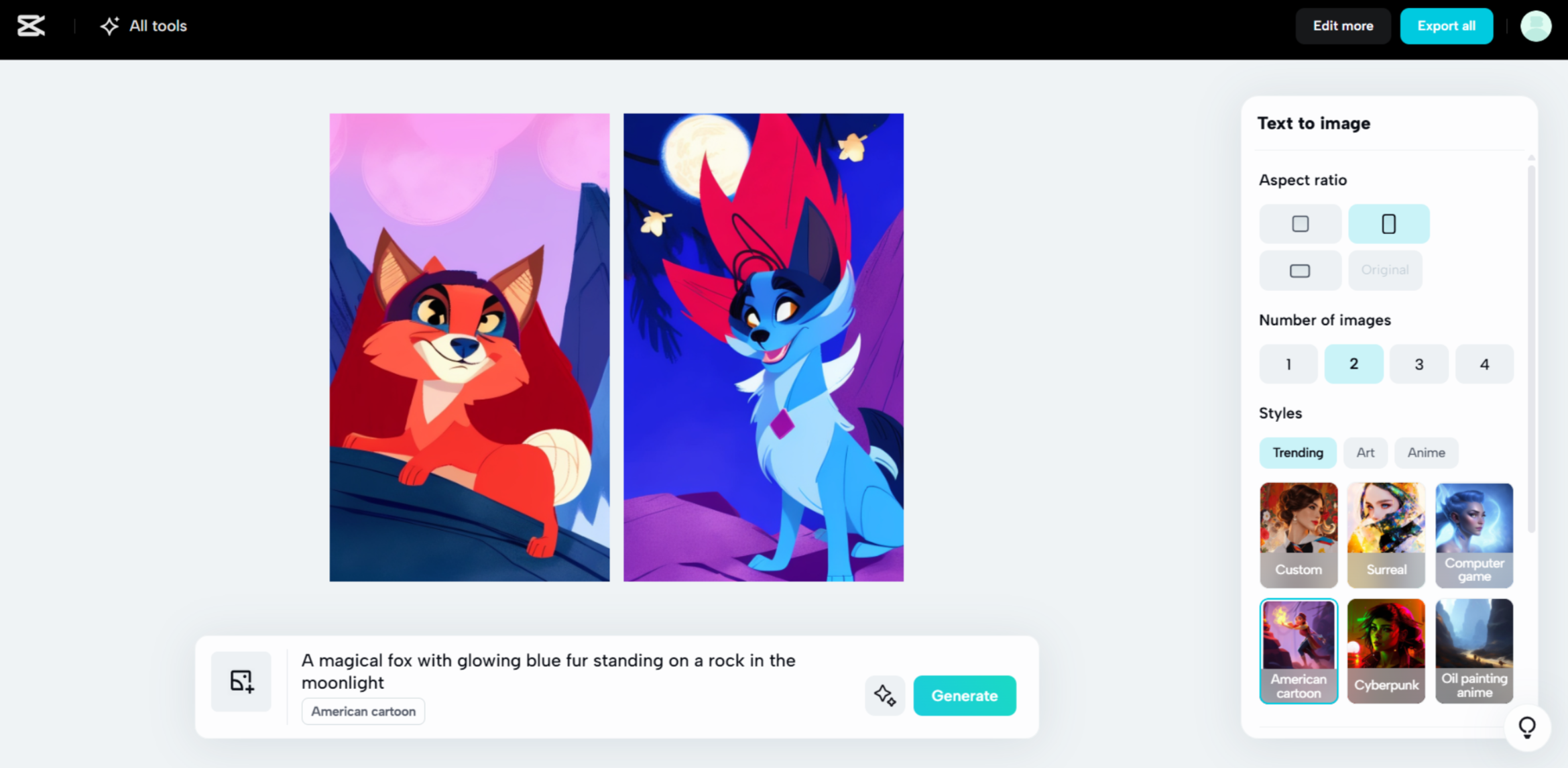 Interface of CapCut's AI image generator