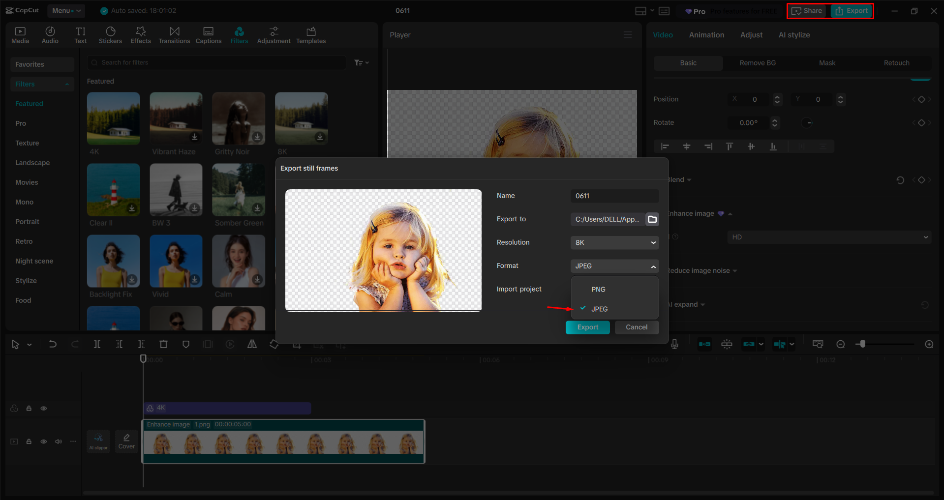 Exporting images as JPEG from the CapCut desktop video editor