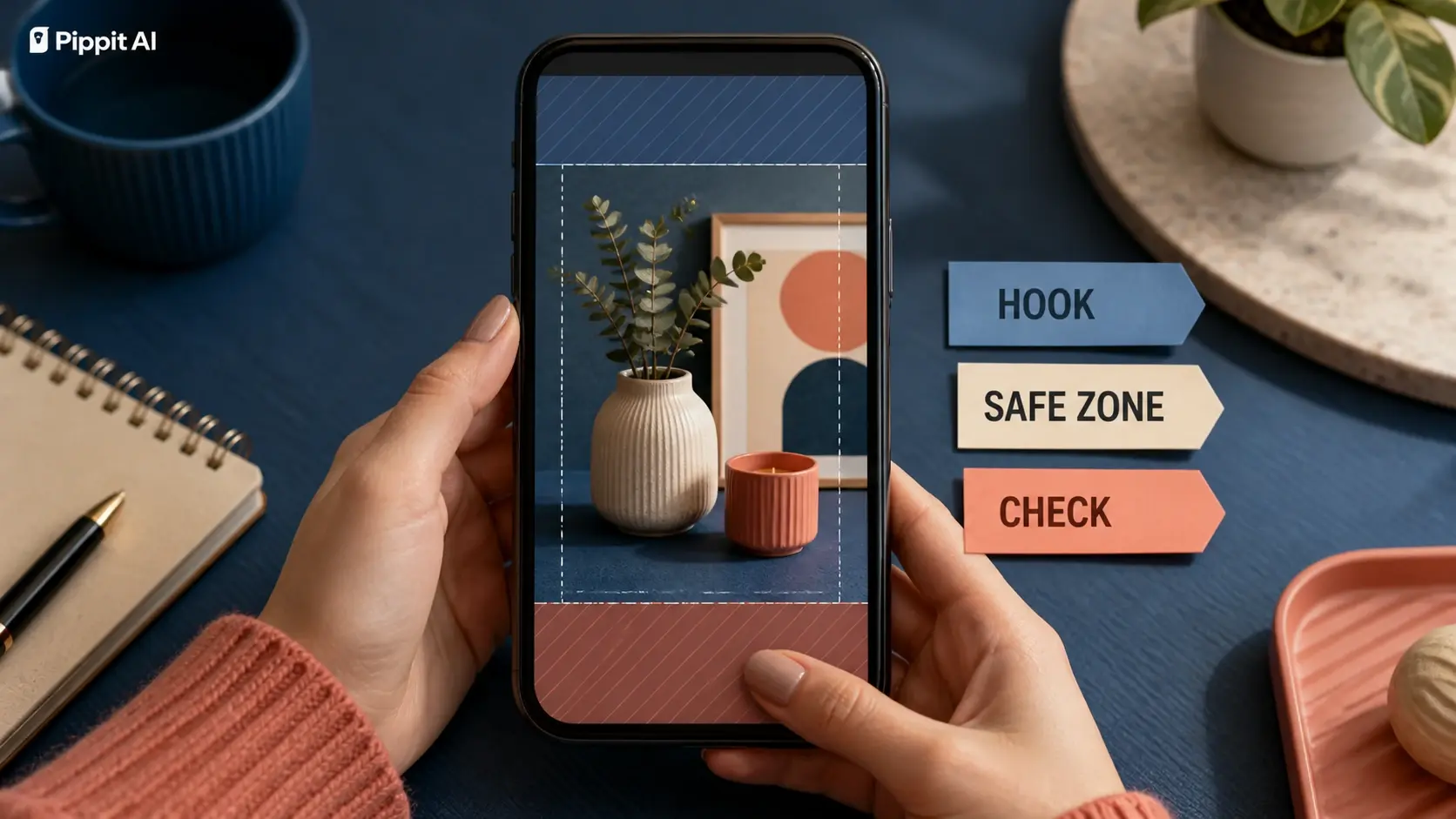 Hands hold a phone showing a vertical layout with safe zone guides and a vase arrangement.