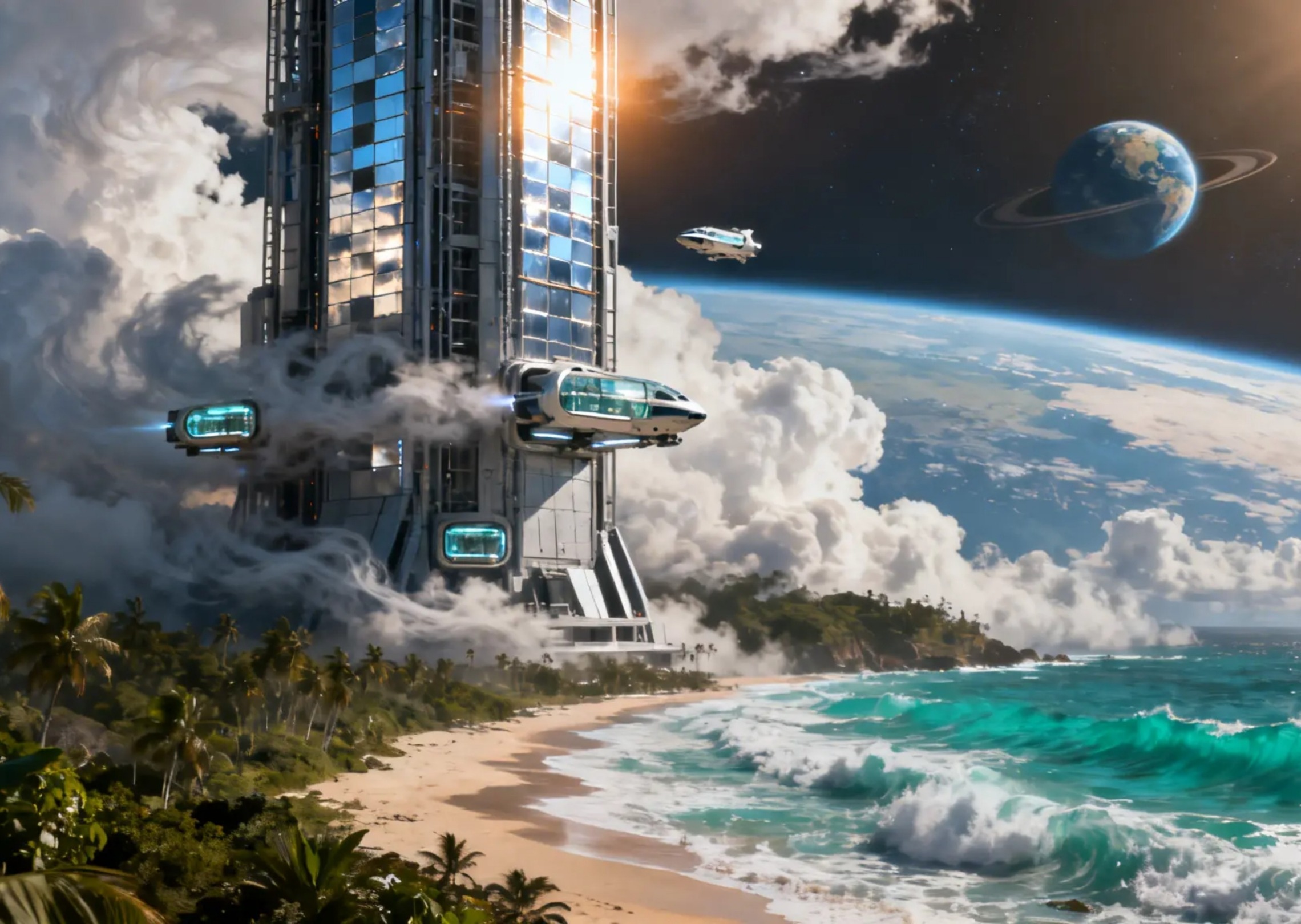 A high-tech space elevator rising from tropical coastline into orbit