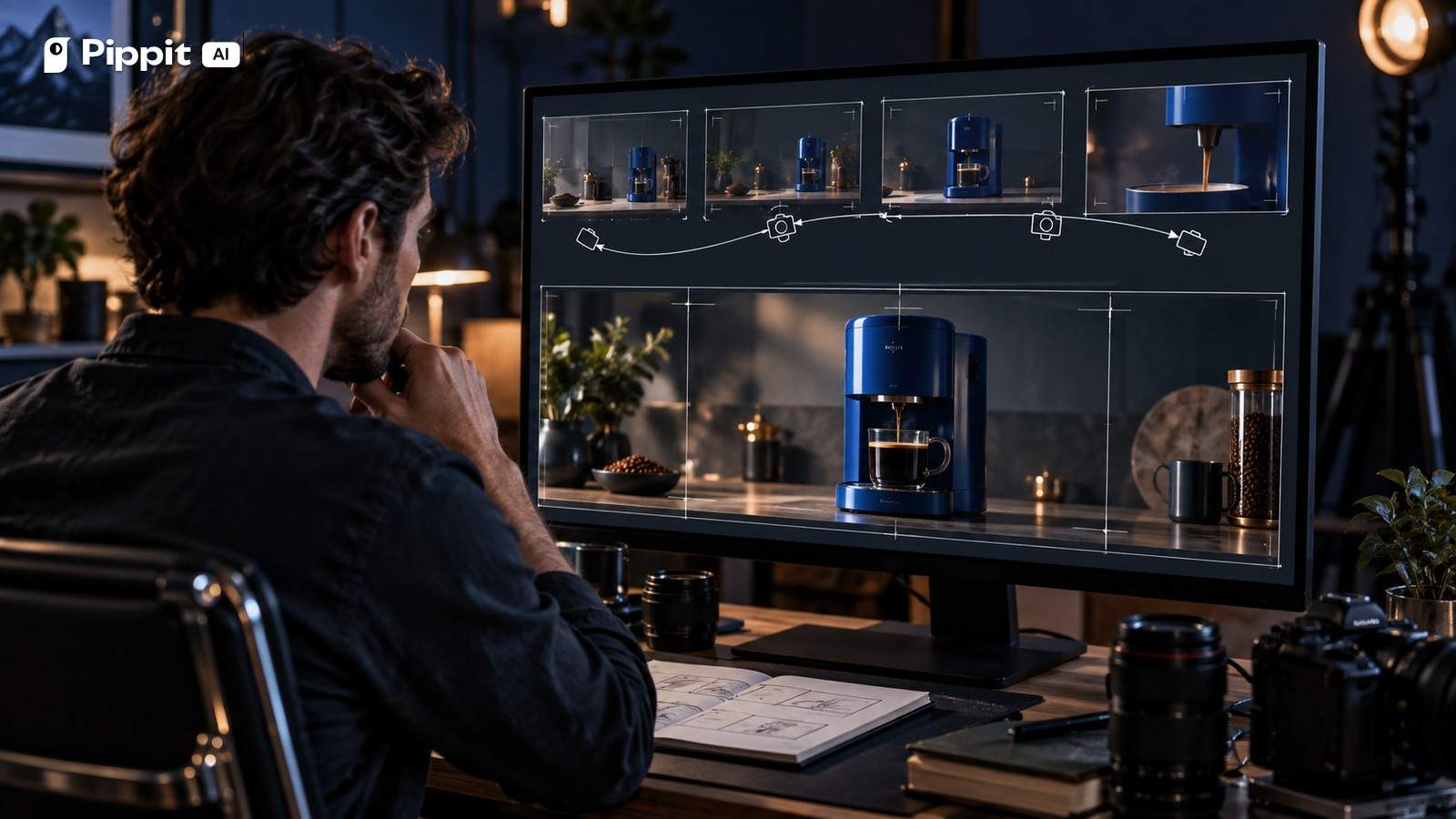 A widescreen storyboard shows a camera path ending on a precisely framed product shot.