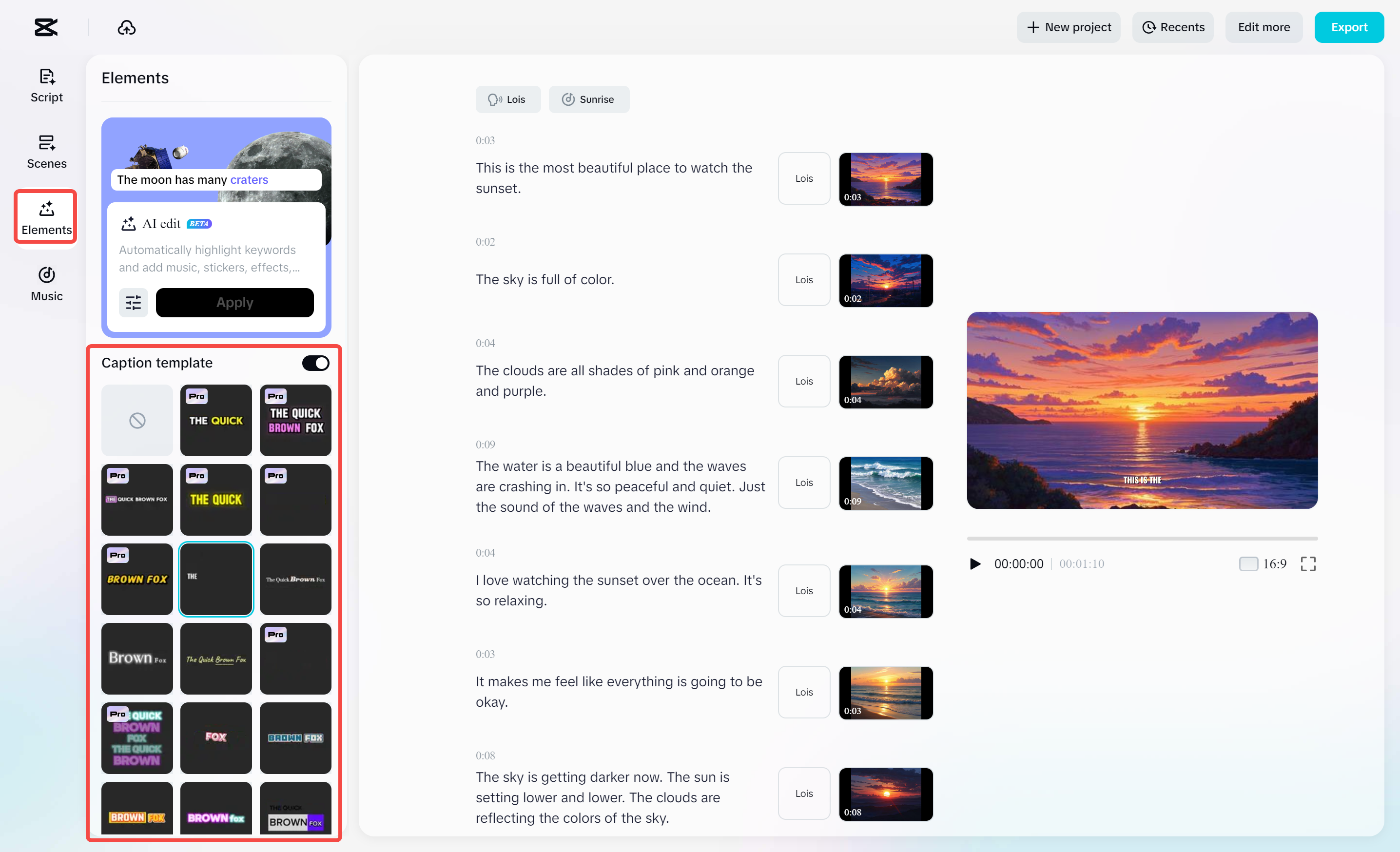 Adding caption templates to a video with CapCut
