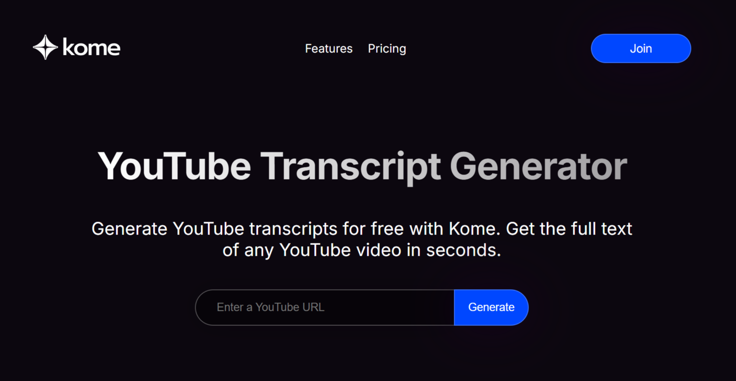 Interface of Kome AI - another way to get YouTube transcripts online